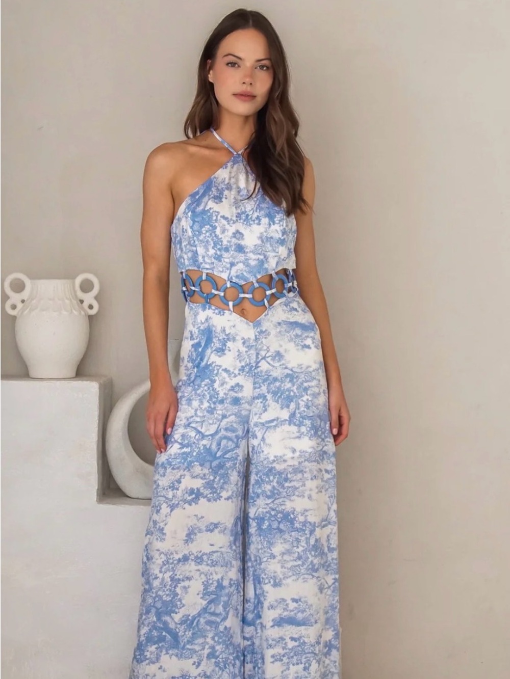 Blue & White Halter Cutout Ring-Detail Jumpsuit